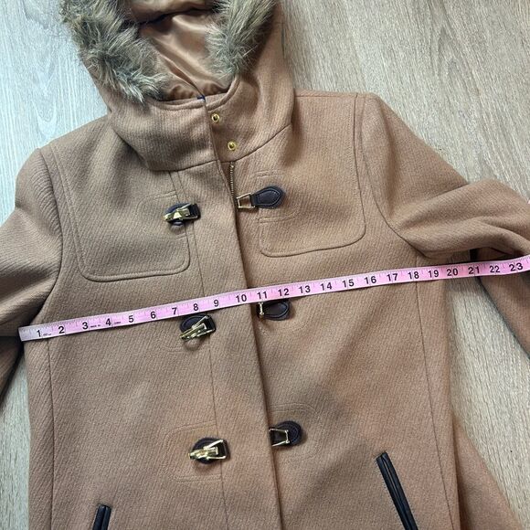 COLE HAAN | Wool Walker Coat Duffle Toggle Front Faux Fur Hood Size 10 - Picture 12 of 16